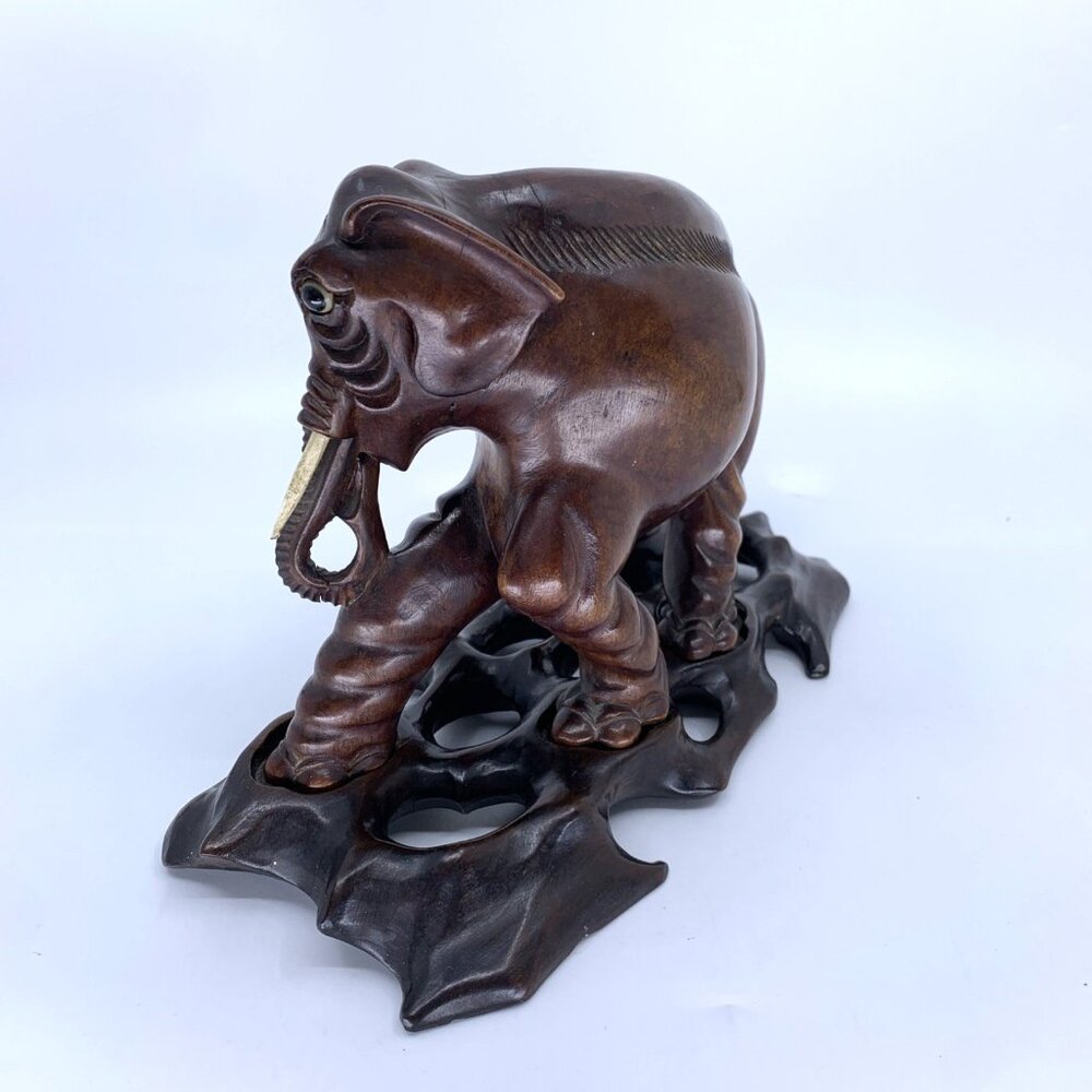 Vintage Thai Hand Carved Teak Wood Elephant Statue w Carved Base 6.5" Hard Wood - Picture 8 of 15